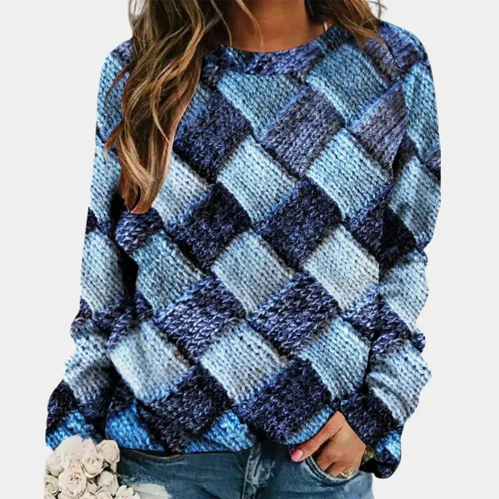 Women's Geometric Patchwork Knitted Jumper Long Sleeve Crew Neck