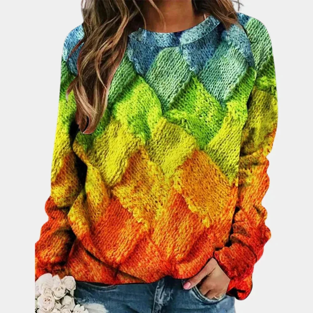 Women's Geometric Patchwork Knitted Jumper Long Sleeve Crew Neck