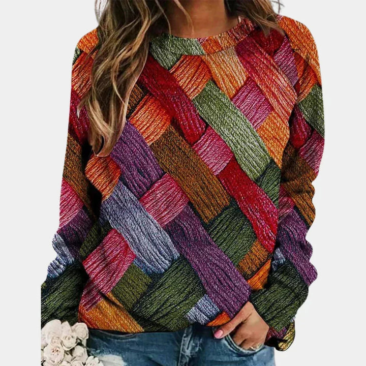 Women's Geometric Patchwork Knitted Jumper Long Sleeve Crew Neck