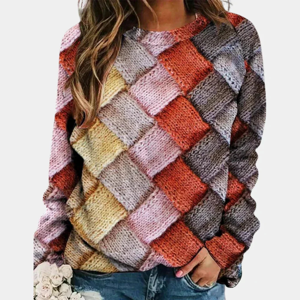 Women's Geometric Patchwork Knitted Jumper Long Sleeve Crew Neck
