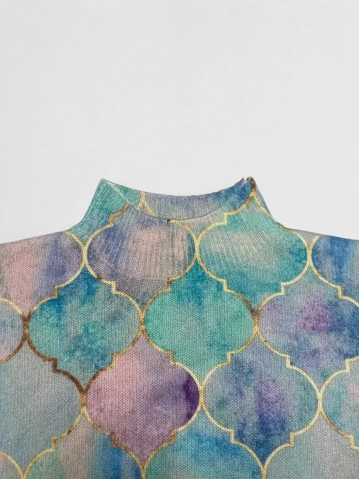 Women's Geometric Print Knit Turtleneck Sweater – Long Sleeves