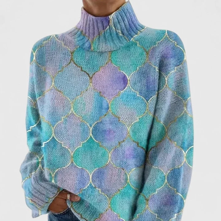 Women's Geometric Print Knit Turtleneck Sweater – Long Sleeves