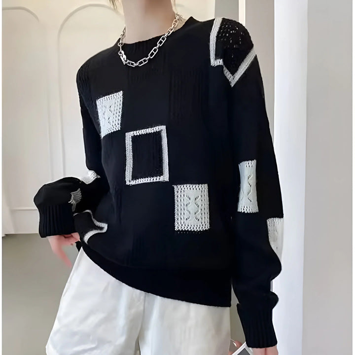Women's Geometric Square-Pattern Knit Sweater – Long-Sleeve And Crew Neck