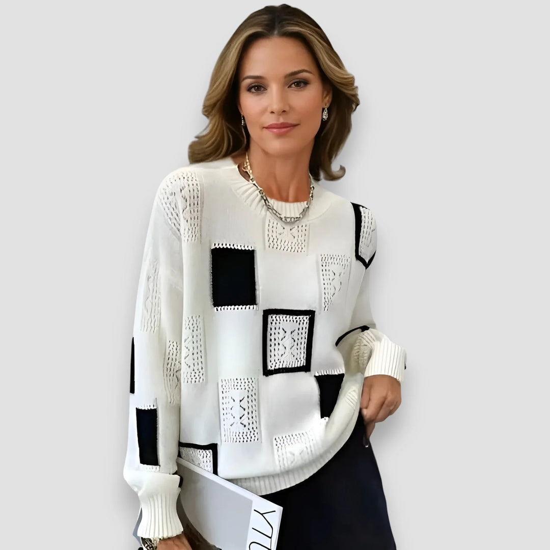 Women's Geometric Square-Pattern Knit Sweater – Long-Sleeve And Crew Neck