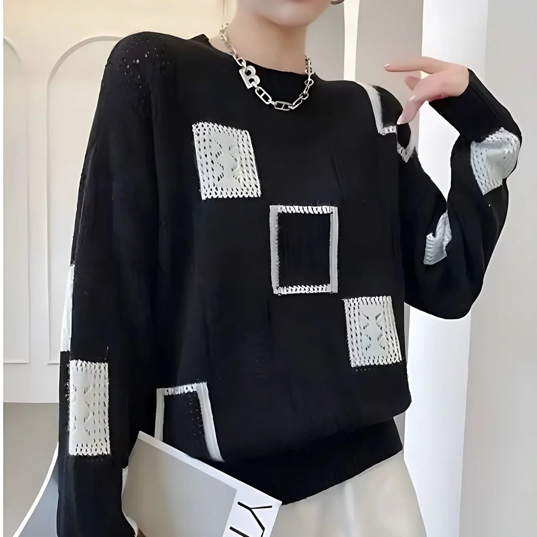 Women's Geometric Square-Pattern Knit Sweater – Long-Sleeve And Crew Neck