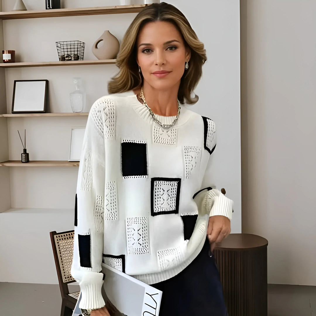 Women's Geometric Square-Pattern Knit Sweater – Long-Sleeve And Crew Neck