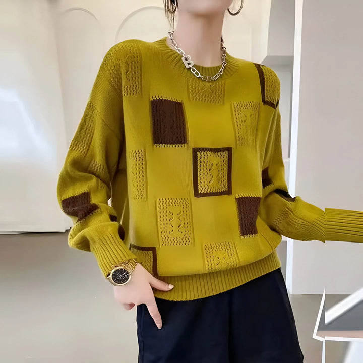 Women's Geometric Square-Pattern Knit Sweater – Long-Sleeve And Crew Neck
