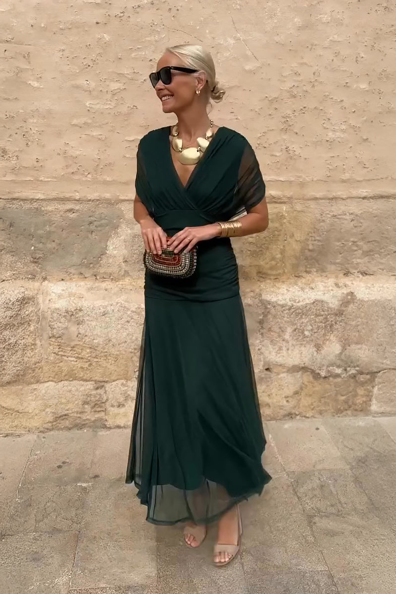 Women's Gradient Pleated Maxi Dress – Elegant Flowing Silhouette in Green | Invictora.com