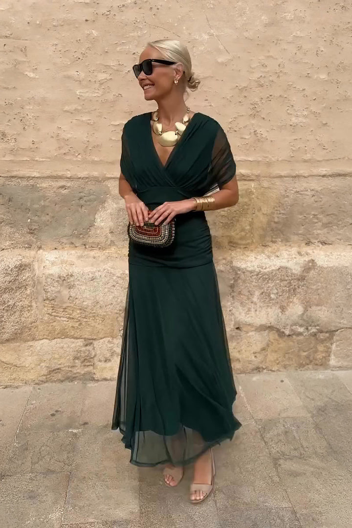 Women's Gradient Pleated Maxi Dress – Elegant Flowing Silhouette in Green | Invictora.com