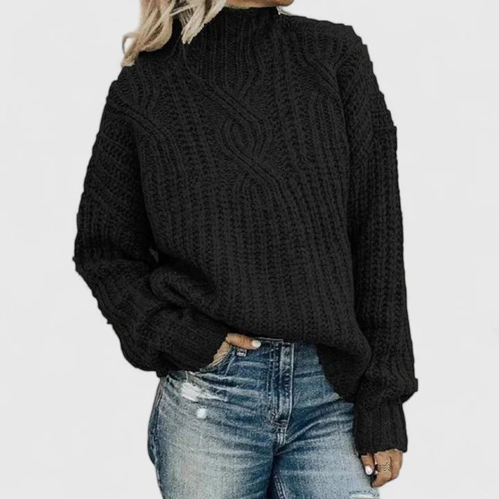 Women's Green Oversized Chunky Cable Knit Sweater – Mock-Neck Long-Sleeve