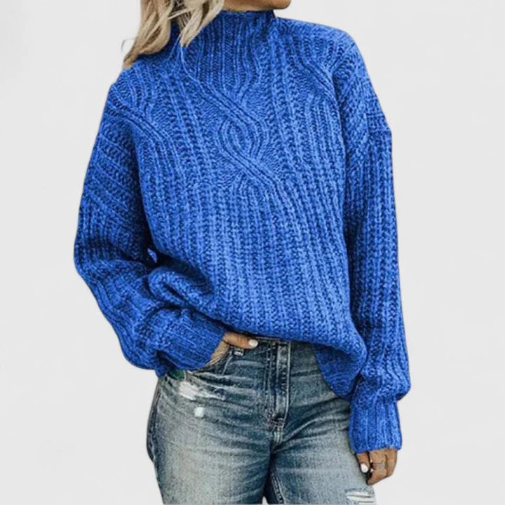 Women's Green Oversized Chunky Cable Knit Sweater – Mock-Neck Long-Sleeve