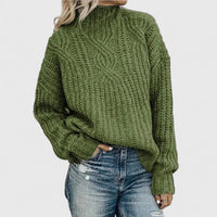 Women's Green Oversized Chunky Cable Knit Sweater – Mock-Neck Long-Sleeve