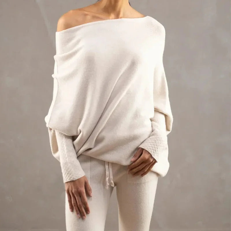 Women's Grey Knit Sweater – Off-Shoulder Long-Sleeve Draped Fit