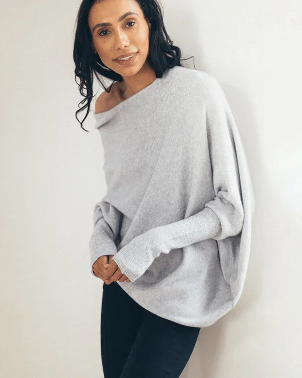 Women's Grey Knit Sweater – Off-Shoulder Long-Sleeve Draped Fit