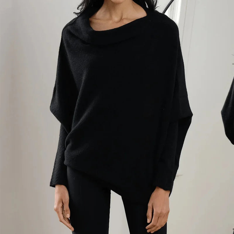 Women's Grey Knit Sweater – Off-Shoulder Long-Sleeve Draped Fit