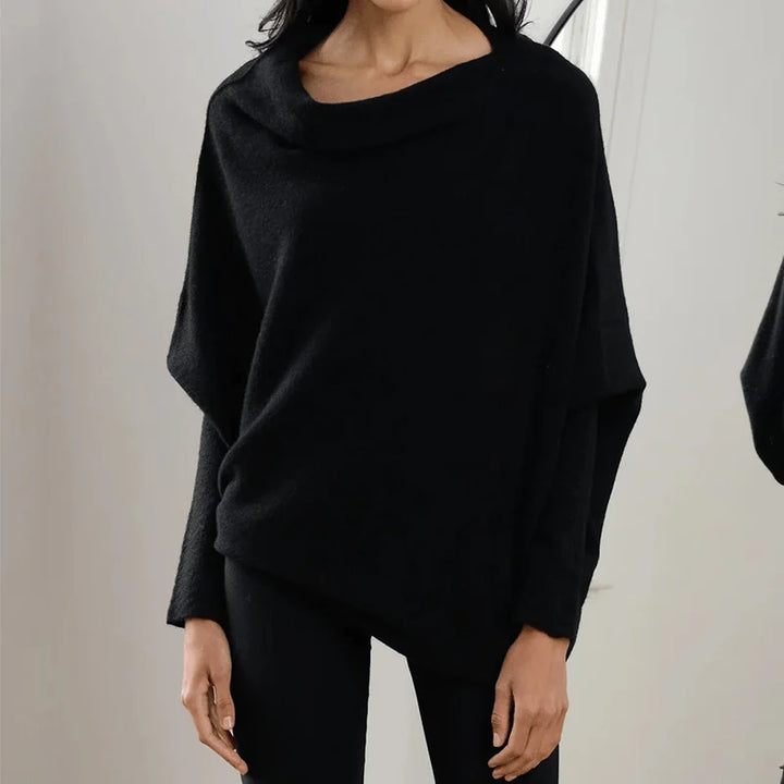 Women's Grey Knit Sweater – Off-Shoulder Long-Sleeve Draped Fit