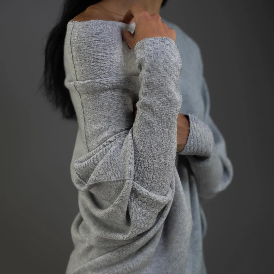 Women's Grey Knit Sweater – Off-Shoulder Long-Sleeve Draped Fit