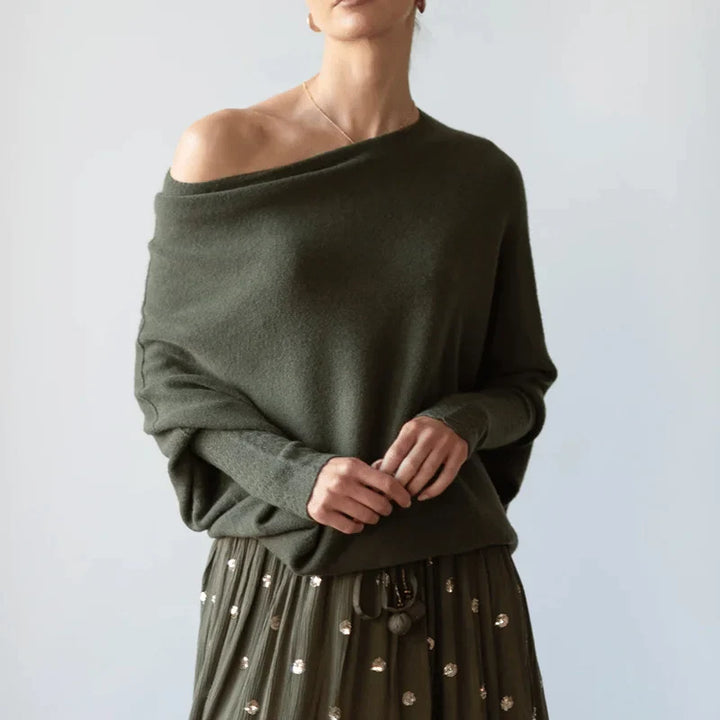 Women's Grey Knit Sweater – Off-Shoulder Long-Sleeve Draped Fit