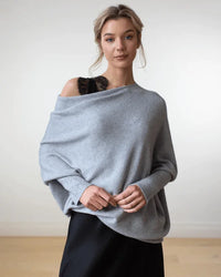 Women's Grey Knit Sweater – Off-Shoulder Long-Sleeve Draped Fit