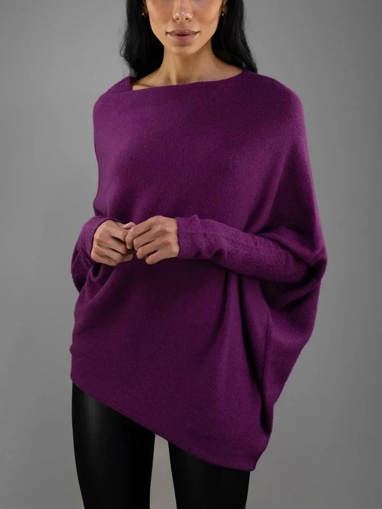 Women's Grey Knit Sweater – Off-Shoulder Long-Sleeve Draped Fit