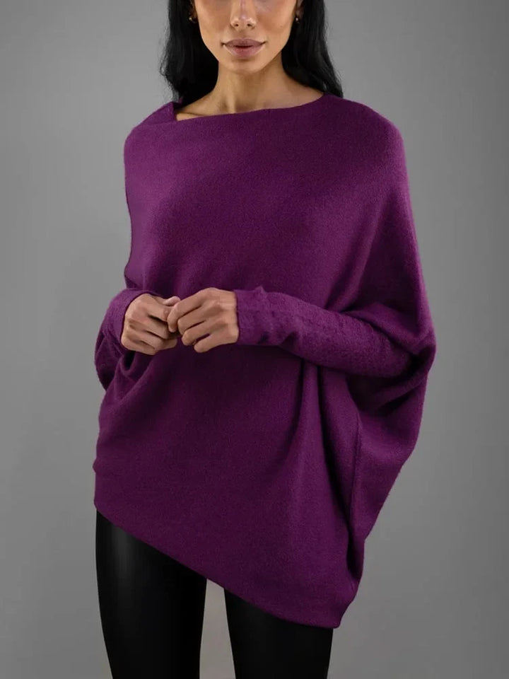 Women's Grey Knit Sweater – Off-Shoulder Long-Sleeve Draped Fit