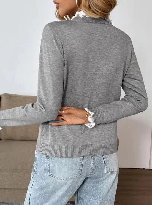 Women's Grey Retro Long-Sleeve Knit Sweater – Lace-Trim Mock-Neck And Henley Buttons