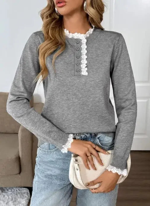 Women's Grey Retro Long-Sleeve Knit Sweater – Lace-Trim Mock-Neck And Henley Buttons