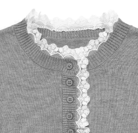 Women's Grey Retro Long-Sleeve Knit Sweater – Lace-Trim Mock-Neck And Henley Buttons