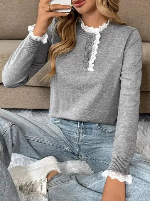 Women's Grey Retro Long-Sleeve Knit Sweater – Lace-Trim Mock-Neck And Henley Buttons
