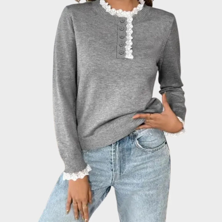 Women's Grey Retro Long-Sleeve Knit Sweater – Lace-Trim Mock-Neck And Henley Buttons