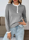 Women's Grey Retro Long-Sleeve Knit Sweater – Lace-Trim Mock-Neck And Henley Buttons