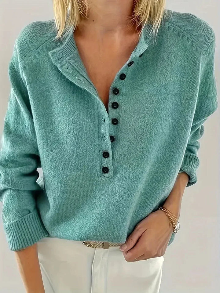 Women's Half-Button V-Neck Long Sleeve Knit Sweater