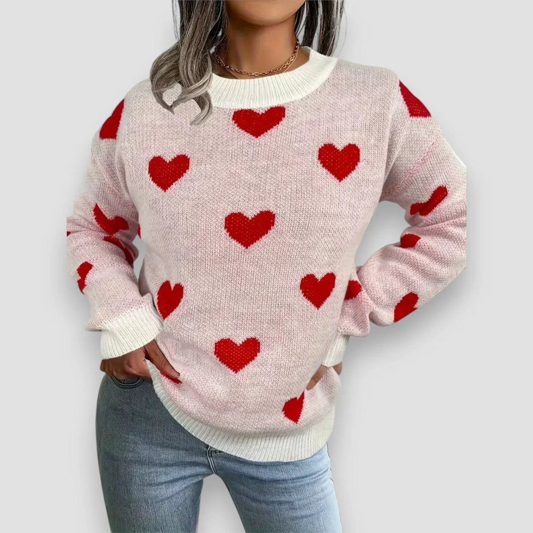 Women's Heart Print Long-Sleeve Knit Sweater – Crew Neck And Ribbed Cuffs