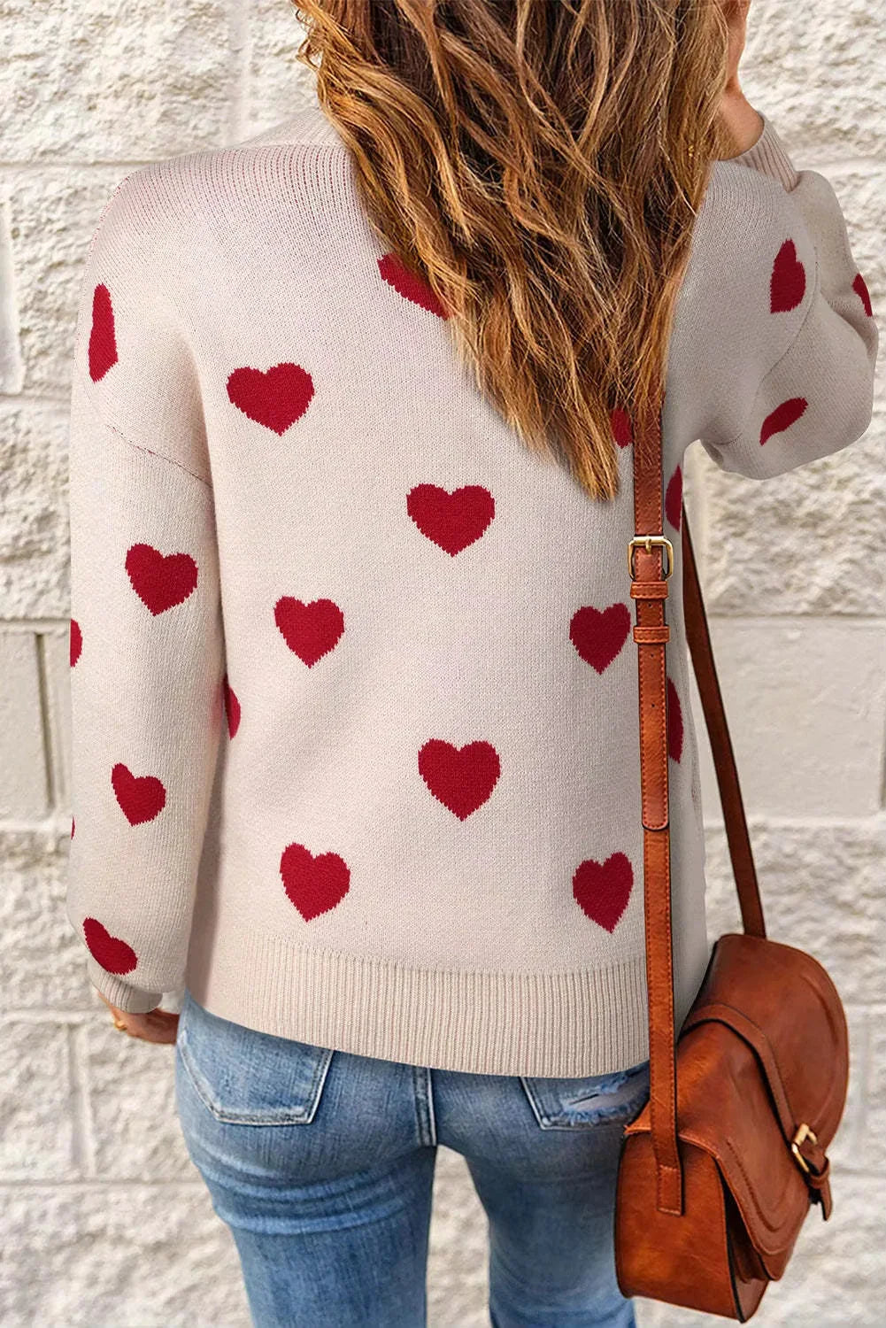 Women's Heart Print Long-Sleeve Knit Sweater – Crew Neck And Ribbed Cuffs