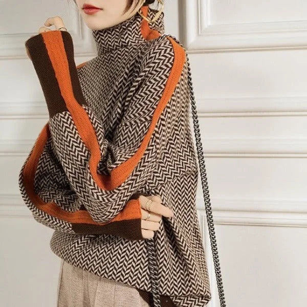 Women's Herringbone Colorblock Long-Sleeve Sweater – Turtleneck