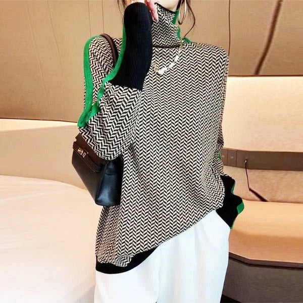 Women's Herringbone Colorblock Long-Sleeve Sweater – Turtleneck