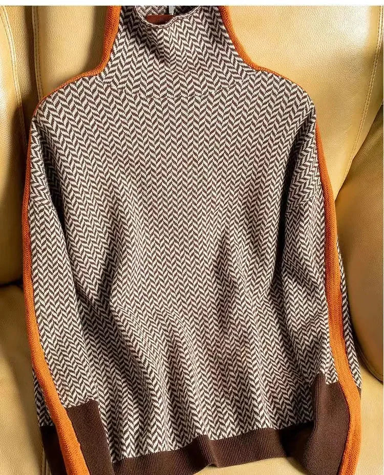 Women's Herringbone Colorblock Long-Sleeve Sweater – Turtleneck