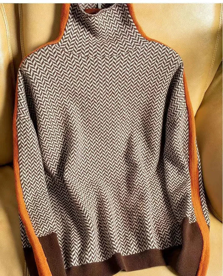 Women's Herringbone Colorblock Long-Sleeve Sweater – Turtleneck