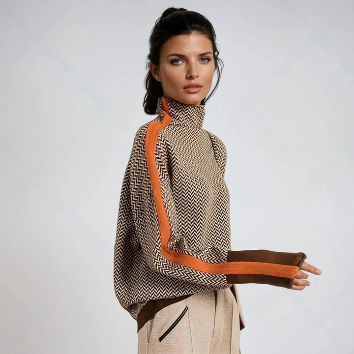 Women's Herringbone Contrast-Trim Oversized Turtleneck Sweater