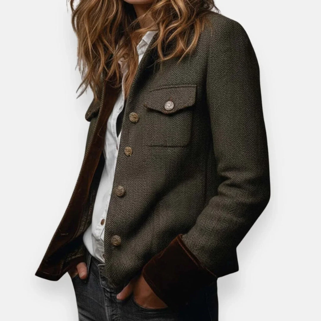 Women's Gold Button Herringbone Military Quilted Jacket