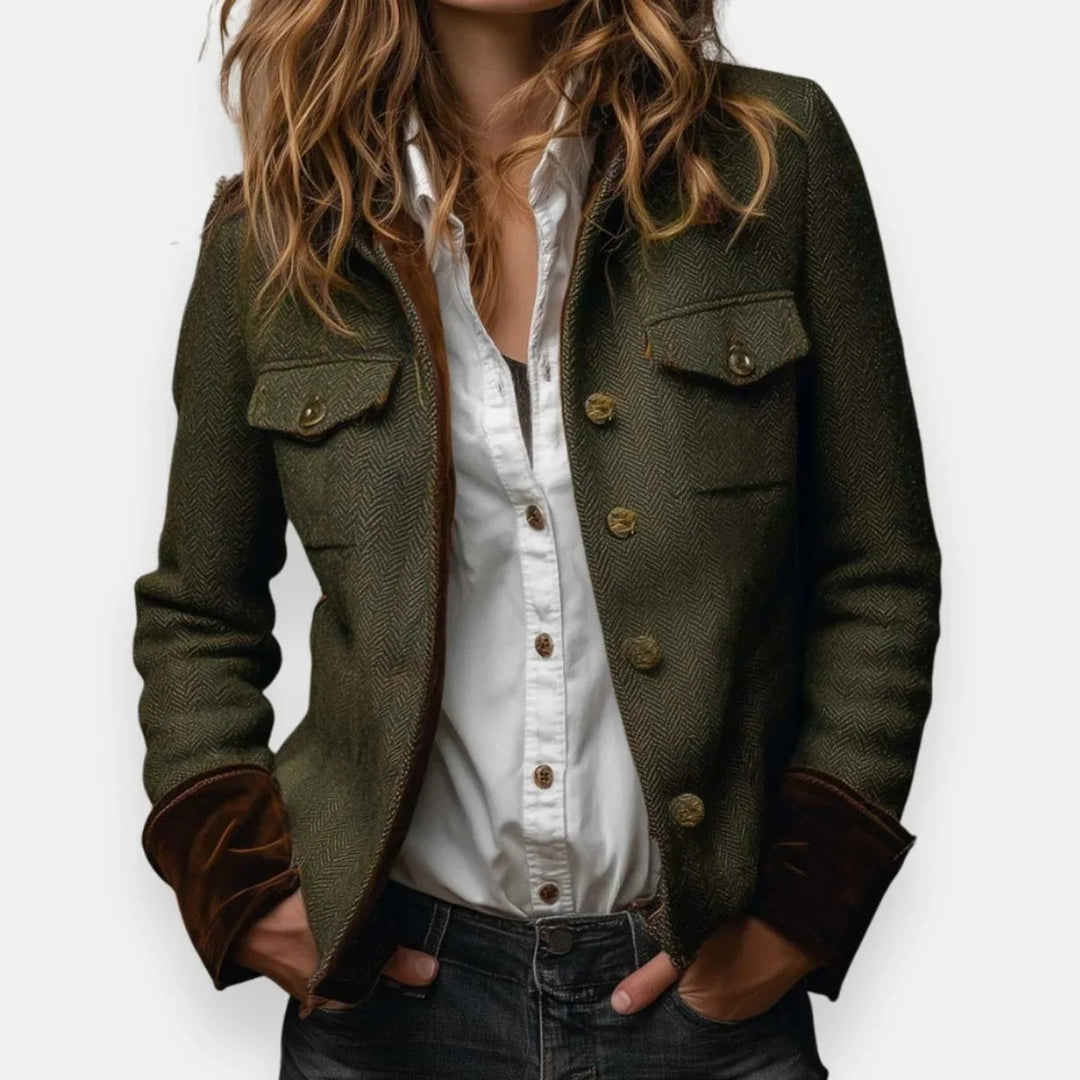 Women's Gold Button Herringbone Military Quilted Jacket