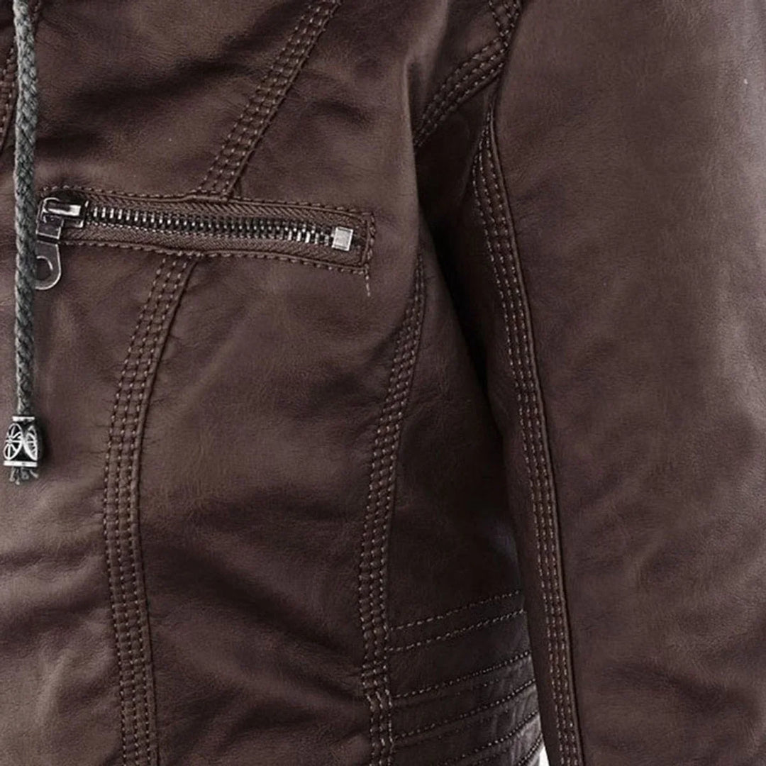 Women's Hooded Faux Leather Moto Coat Removable Hood