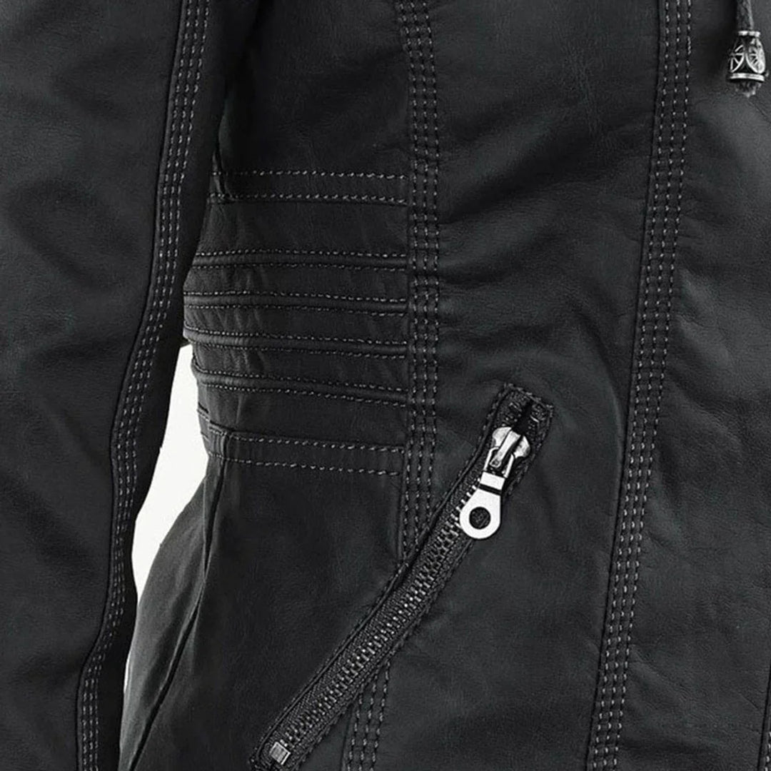 Women's Hooded Faux Leather Moto Coat Removable Hood