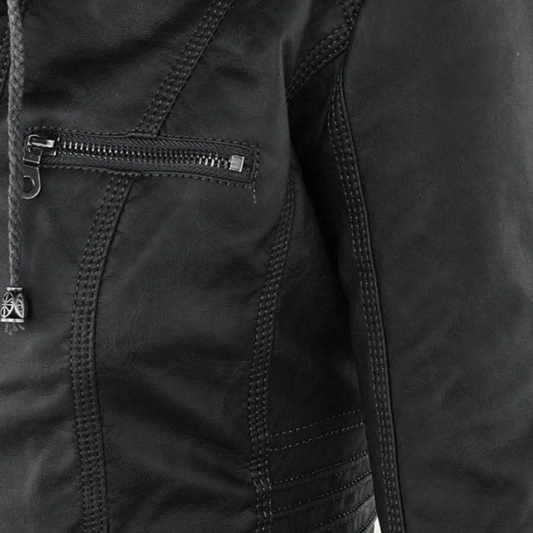 Women's Hooded Faux Leather Moto Coat Removable Hood