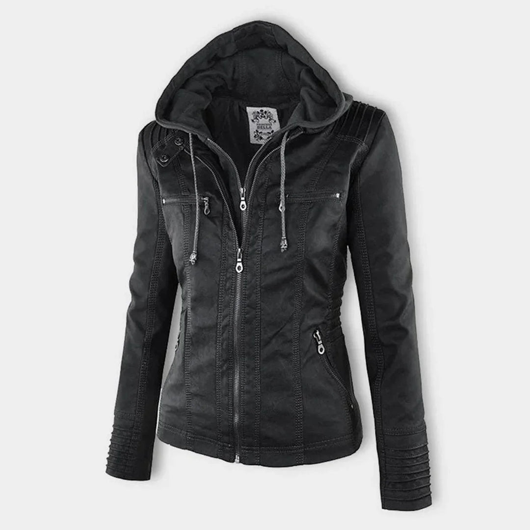 Women's Hooded Faux Leather Moto Coat Removable Hood