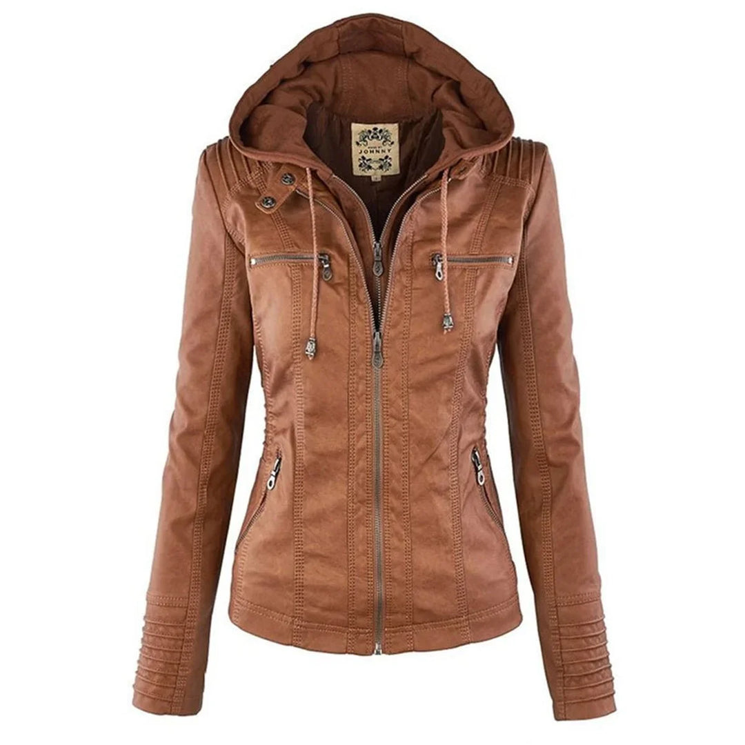 Women's Hooded Faux Leather Moto Coat Removable Hood