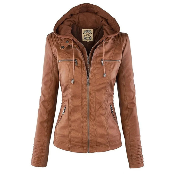 Women's Hooded Faux Leather Moto Coat Removable Hood