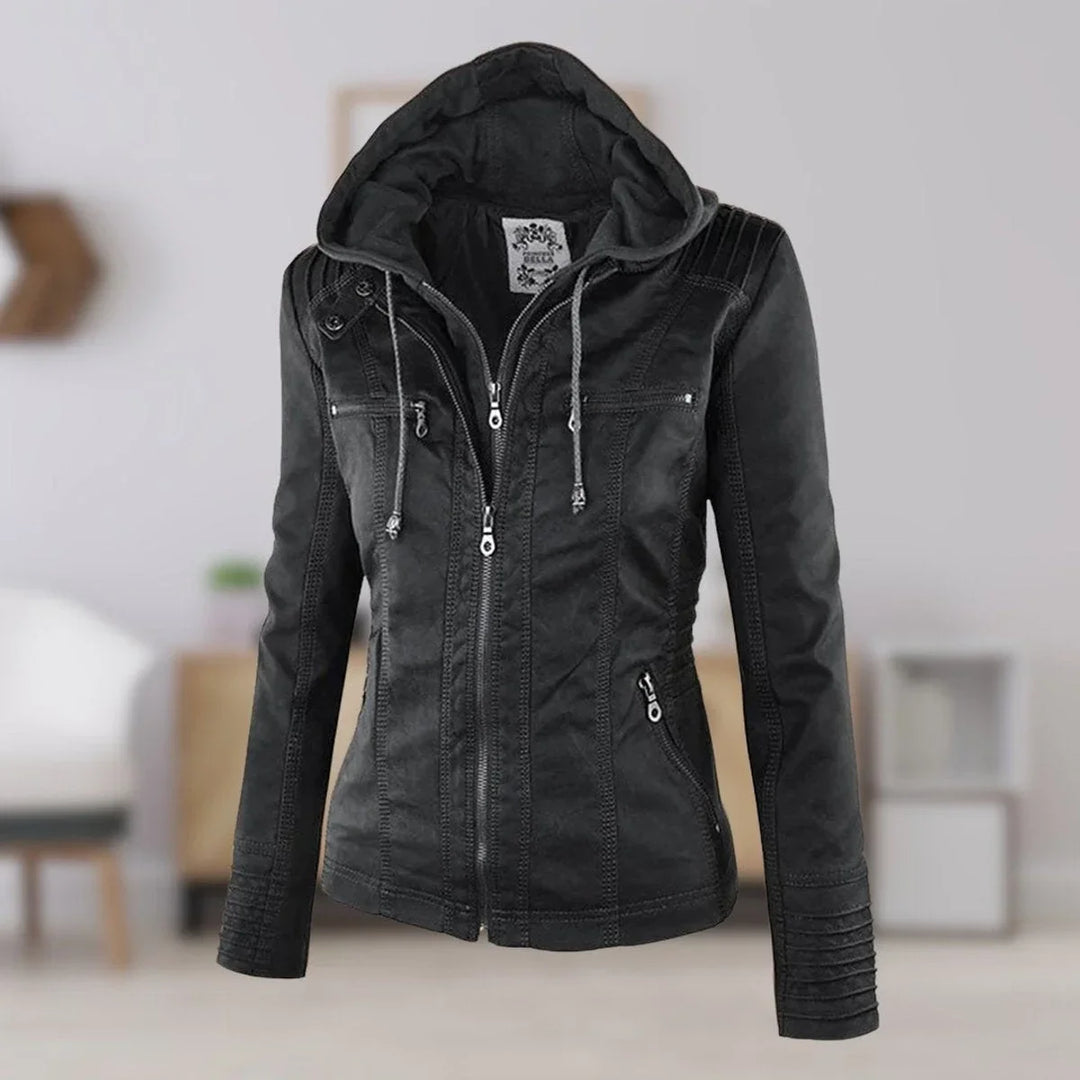 Women's Hooded Faux Leather Moto Coat Removable Hood