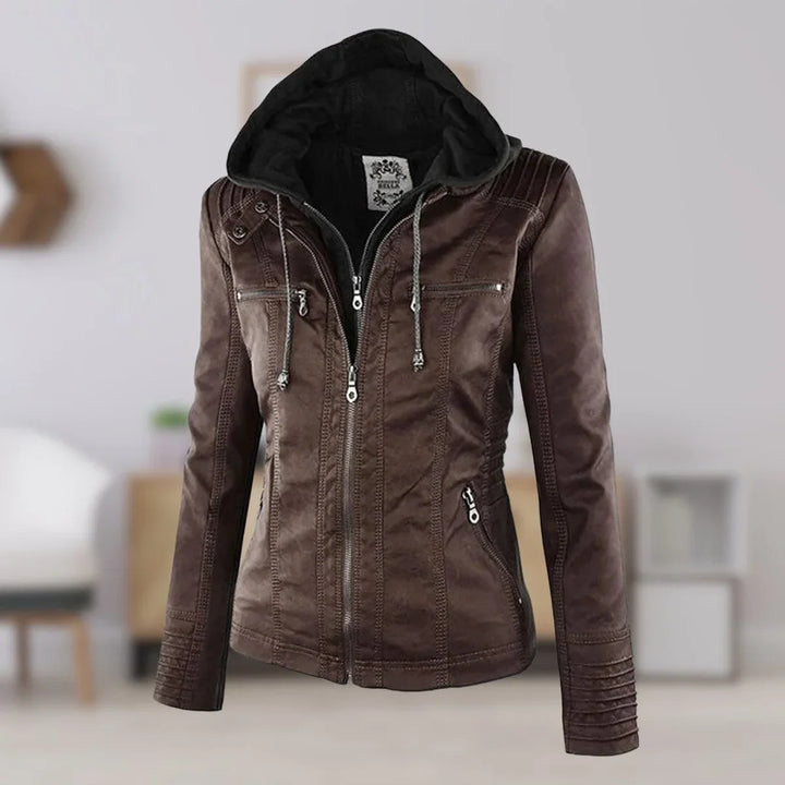 Women's Hooded Faux Leather Moto Coat Removable Hood
