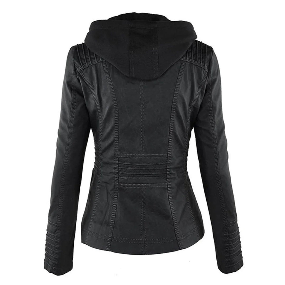 Women's Hooded Faux Leather Moto Coat Removable Hood